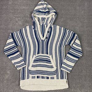 Outerknown Poncho Hoodie Men's Small Blue Beige Striped Beach Pima Cotton Linen